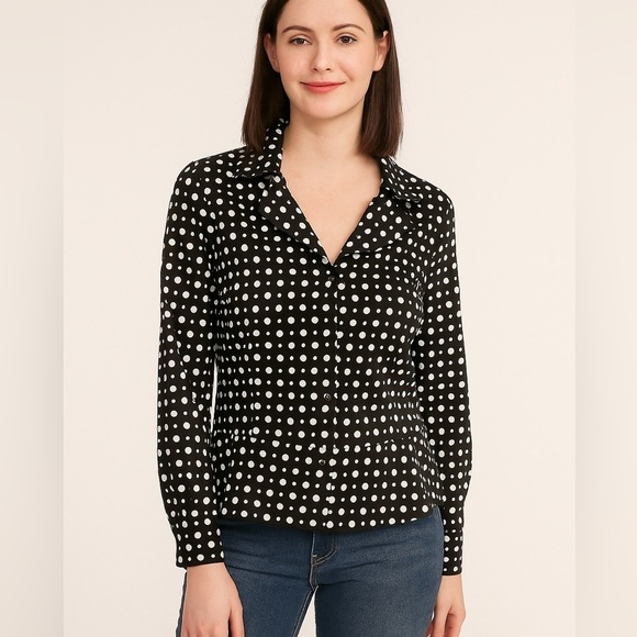 Jones New York Top Black White Polka Dot Long Sleeve Zip Front Size Large - Picture 1 of 12